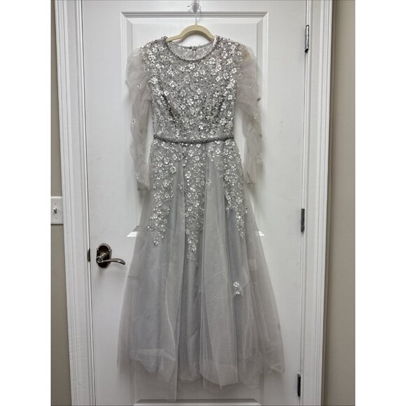 New Mac Duggal Size 4 Gray EMBELLISHED LONG SLEEVE A-LINE MIDI Cocktail Dress - Picture 11 of 11